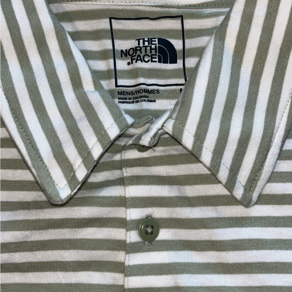 The North Face White and Green Striped Polo Shirt